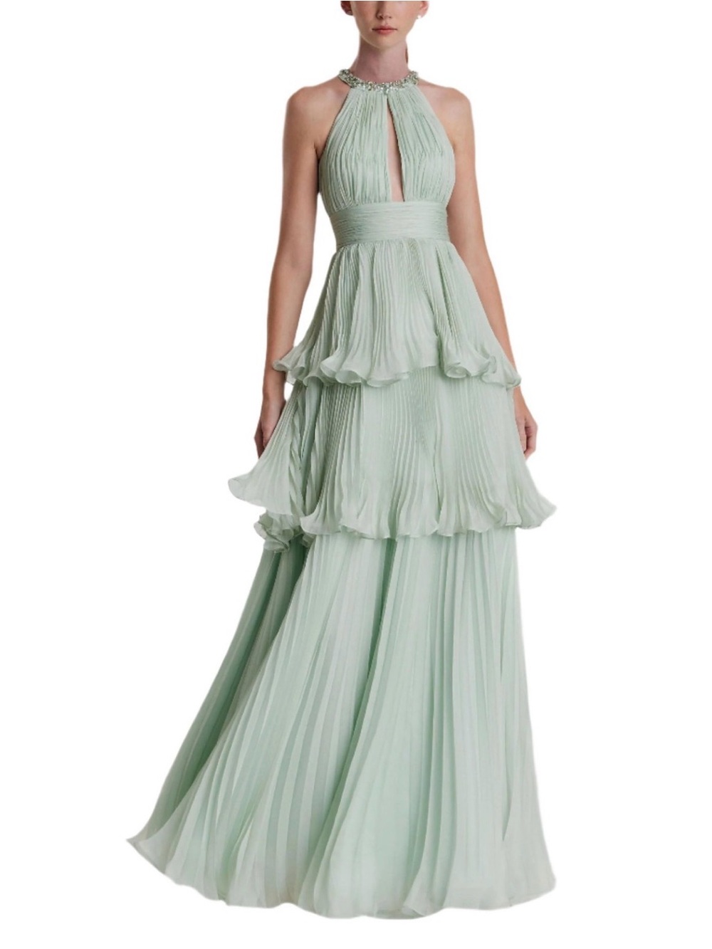 Mac Duggal Mint Green Tiered Halter Evening Gown